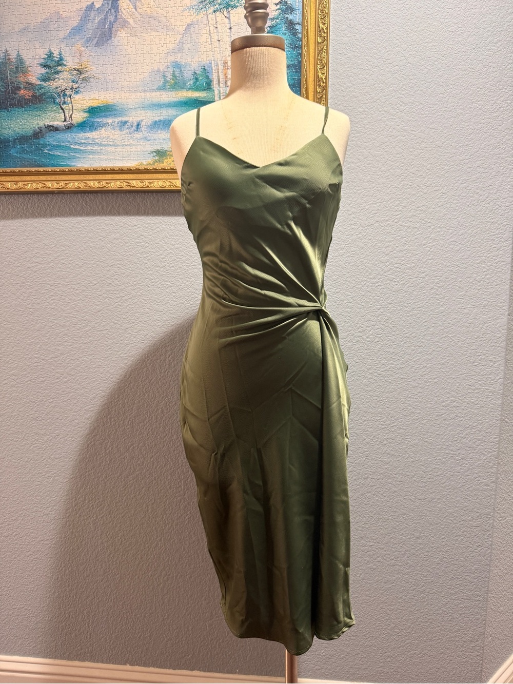 glam Olive Green Satin Knot-Detail Midi Slip Dress